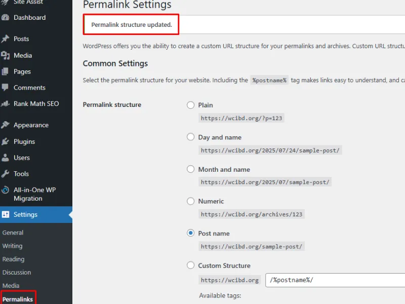 WordPress Permalinks Update Info