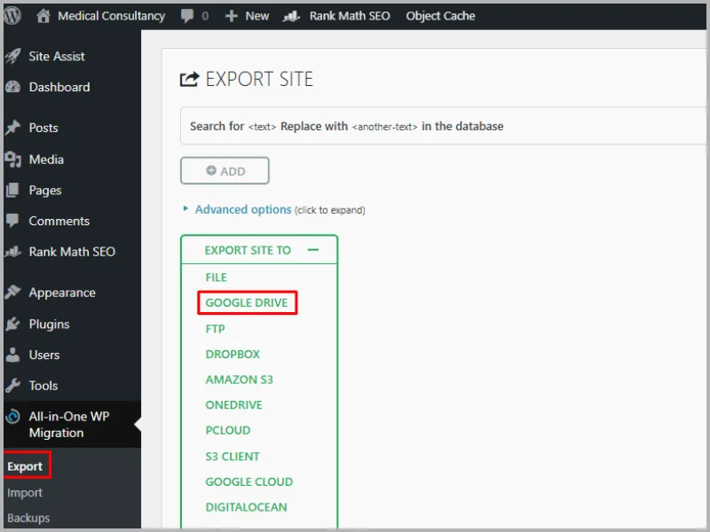 All in One Migration WordPress Plugin Export Screen with Google Drive