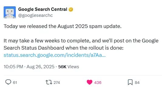 Google Spam Update Twitter Post